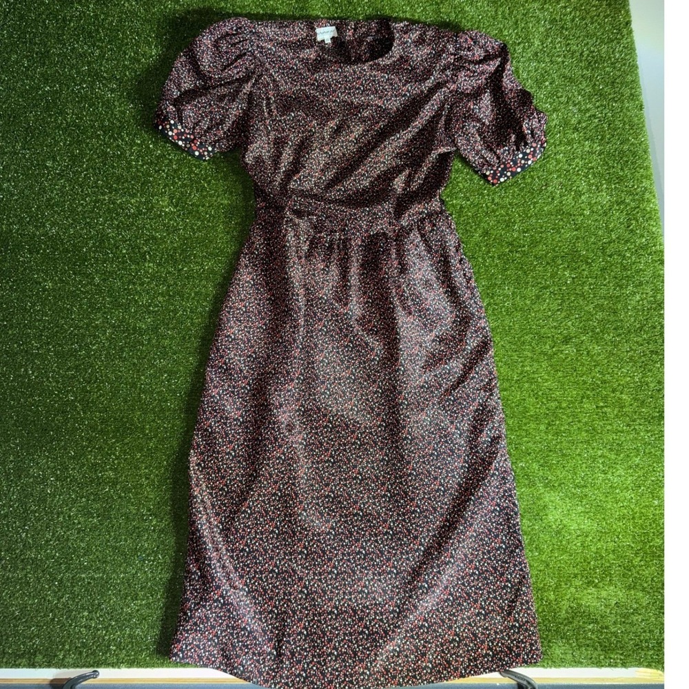 Vintage Tanner Womens Red Black Micro Polka Dot Puff Sleeve Midi Dress Size 10